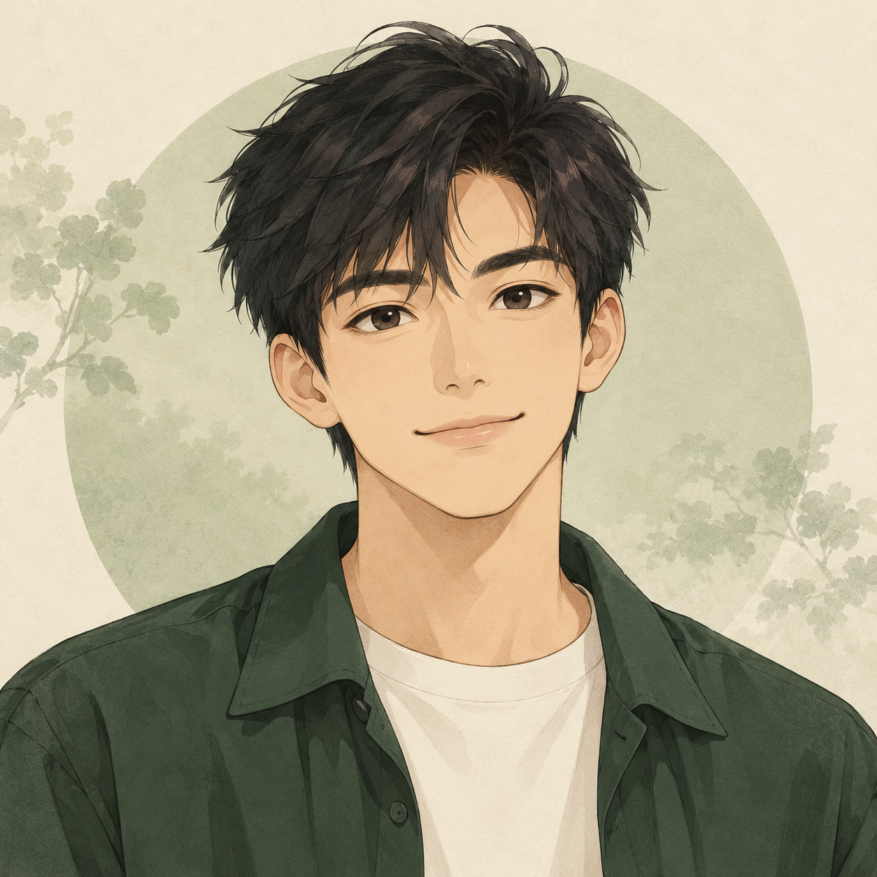 深绿与暖白配色的原创动漫头像